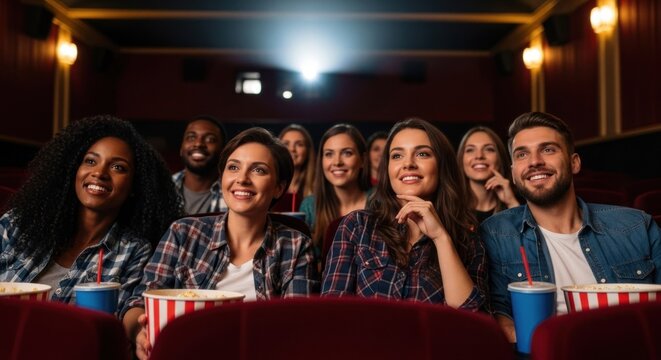 Moviegoers engrossed in a film, smiling, in a movie theater