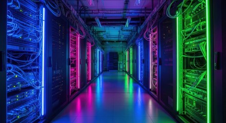 Neon-lit server room corridor.  Rows of server racks,  cables crisscross,  bright pink,  green,  and blue lighting.  Intense,  technological