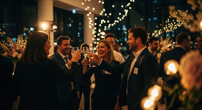 Nighttime celebratory gathering.  Group toasts with champagne