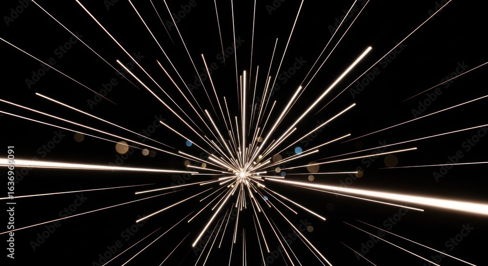 Poster burst of light lines emanating from a center point on a black background