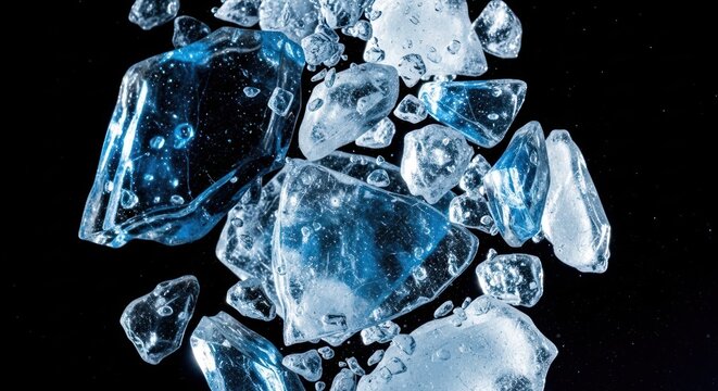 Chunks of ice floating against a dark background, blue hue