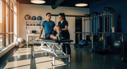 Physiotherapist assisting patient on exercise table in modern clinic
