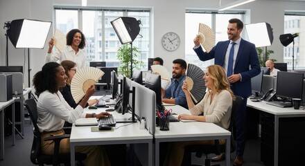 Office workers enjoying a break, waving fans