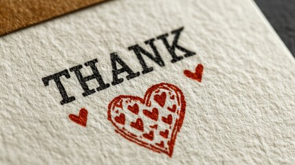 Close-up of a "Thank" card with hearts on textured white paper