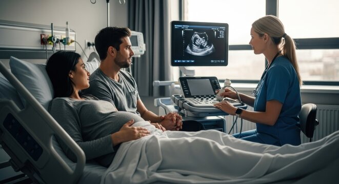Pregnant couple in hospital room with doctor. Ultrasound in progress