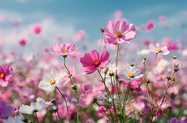 A field of pink and white cosmos flowers swaying in the breeze, under a clear blue sky, soft sunlight, photography style