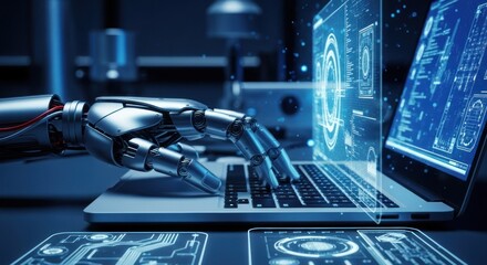 Robotic arm interacting with a laptop, futuristic interface