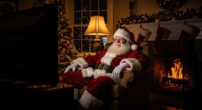 Santa Claus watches TV by the fireplace on Christmas Eve
