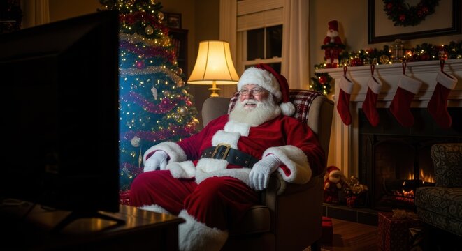 Santa Claus watches TV in a cozy Christmas living room (1)