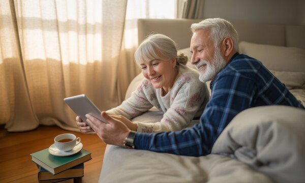 Senior couple relaxing on bed, using digital tablet