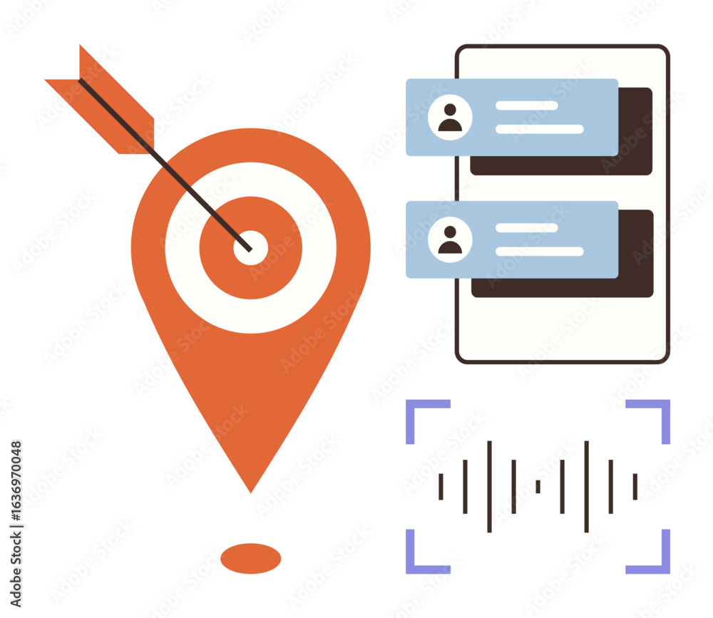 Poster geolocation pin with bullseye, chat bubbles on smartphone, and audio waveform. ideal for navigation,