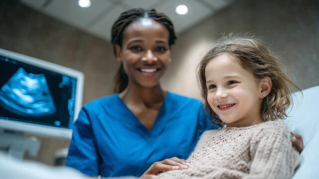 Little girl getting abdominal ultrasound scan while lying on exam table pediatric ultrasound, child health check, abdomen scan, smiling nurse, diagnostic test, medical imaging