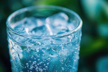 A refreshing glass of water filled with ice cubes and bubbles, set against a blurred, green background.