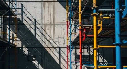 Colorful scaffolding stands near a concrete wall, casting patterned shadows