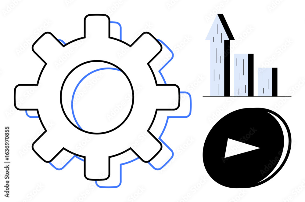 Poster gear for process, bar graph for growth, and play button for action. ideal for innovation, workflow, 