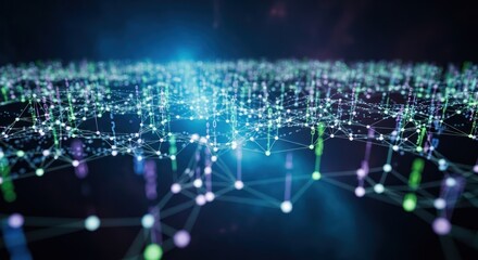 Connected glowing network, green, blue, purple dots, lines and dark backdrop