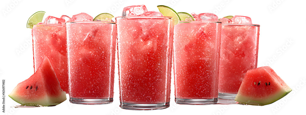 Poster collection of refreshing glasses filled with watermelon juice with condensation and slice garnish is