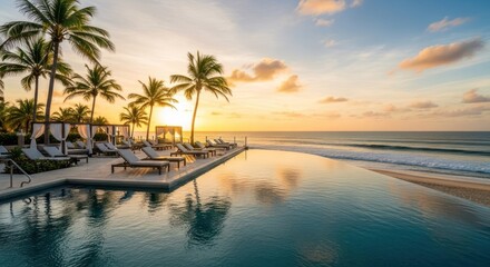 Tropical resort infinity pool at sunset