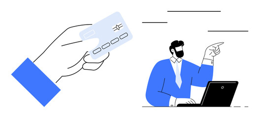Hand holding credit card, man pointing at laptop screen. Ideal for e-commerce, payment, security, fintech, online business, shopping digital banking. Minimalist modern simple flat metaphor