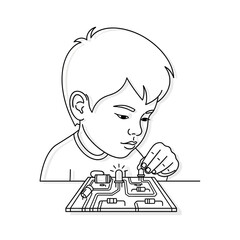 Enthusiastic young engineer building circuit board with focus and precision, illustrating future technology and hands-on learning in science education, perfect for STEM concepts