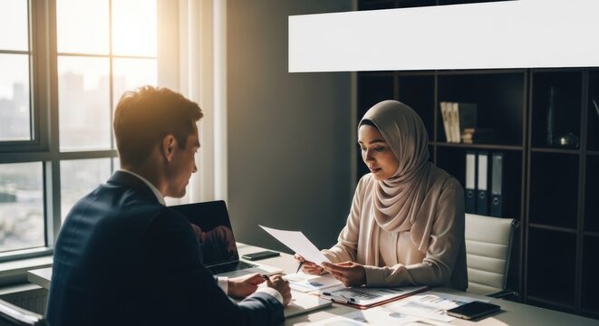 Two colleagues seated at a desk, reviewing documents in a sunlit office
