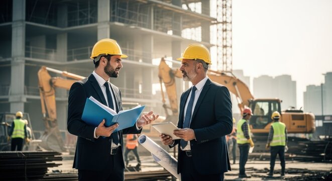 Two construction site managers discuss blueprints.  Construction workers are visible in background.  Sunny day.  Large building under construction.  Men in suits and hard hats