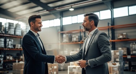 Two men in business suits shake hands in a large warehouse