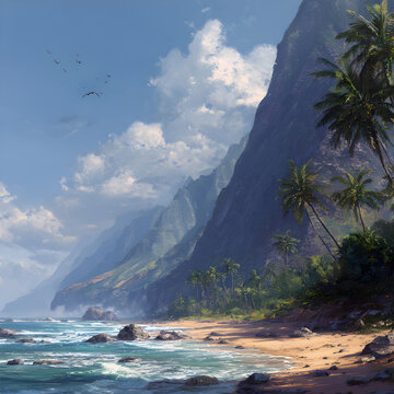 Trees, and mountain cliffs, with a seasore and coconut trees along a deserted shoreline. Clouds and birds are visible in the mountains