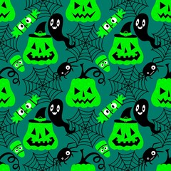 Autumn harvest vegetable seamless monster Halloween pumpkins pattern for wrapping paper and fabrics 