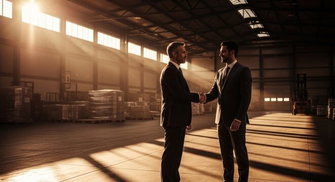 Two businessmen shaking hands in a large warehouse. Sunlight streams through high windows