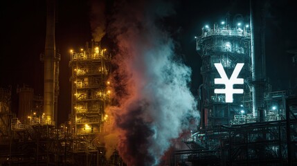 Industrial facility at night with contrasting lights and currency symbol in the background