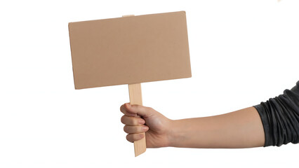 A hand holding a blank cardboard sign on a stick against a white background in a studio setting