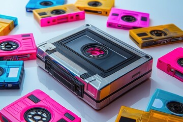 A collection of colorful, toy-like cassette players are laid out on a white surface, evoking a nostalgic and retro vibe.