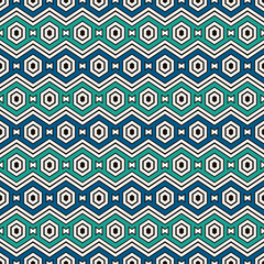 Zigzag seamless pattern. Hexagon mosaic tiles ornament. Ethnic surface print. Repeated geometric figures background. Ornamental wallpaper. Modern geo design digital paper. Vector abstract art