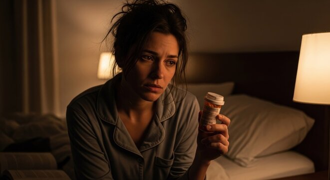 Woman in pajamas, pensive, holding medication bottle at night
