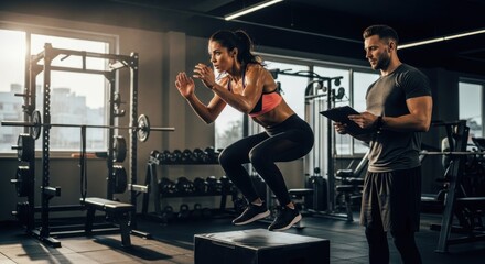 Woman jumps on box; trainer observes