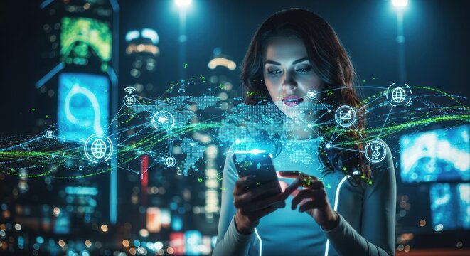 Woman interacting with a glowing smartphone displaying global network data overlayed on a nighttime city
