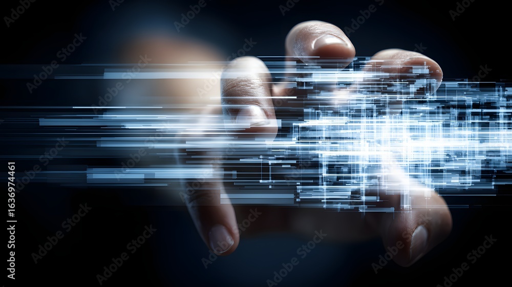 Poster hand interacting with digital data streams.