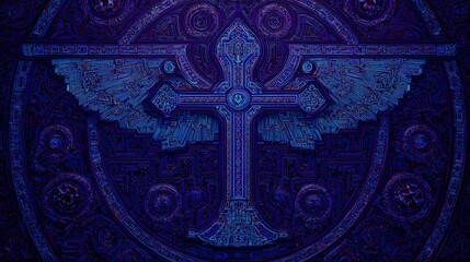 Detailed intricate design of a cross with wings.