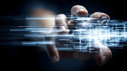 Hand interacting with digital data streams.