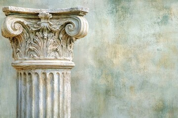 A close-up of a weathered, ornate architectural column against a textured, pale green wall providing an elegant backdrop.
