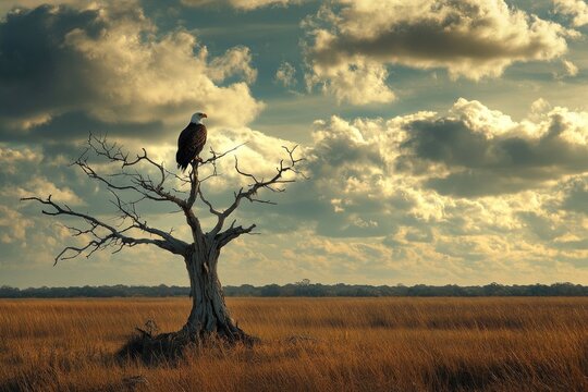 Bald eagle perched on a bare tree in a golden field under a cloudy sky.