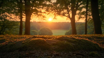Forest floor with moss under sunset, trees silhouetted against the horizon