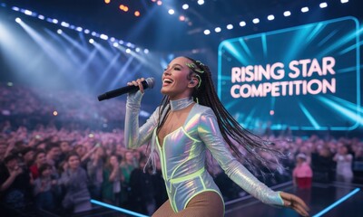Woman sings on stage at a music competition
