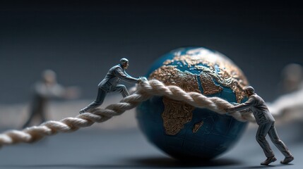 Businessmen struggle over a large ball of money on a rope in a dramatic representation of financial tension during a conceptual art display