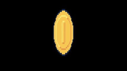 Pixelated gold coin spinning animation. 2D retro video game asset for points, score, or virtual currency.