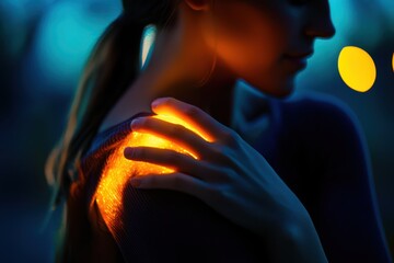 A woman gently rubbing her glowing shoulder, JPEG format, representing muscle care, self-soothing, or body positivity themes.