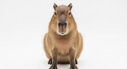 Frontal shot of a capybara sitting, looking straight forward on white