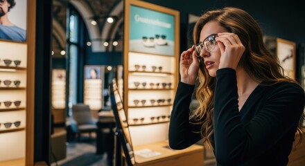 Woman trying on eyeglasses in a modern eyewear store