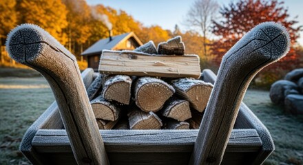 Frosty logs fill wheelbarrow; cabin, colorful trees in backdrop